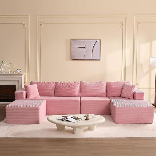 138" Boneless Couch with Deep Seat, Modular Sectional Sofa, Cloud Sectional Couch for Living Room, No Assembly Required, Corduroy, U-Shape 4 Seater Right, Pink