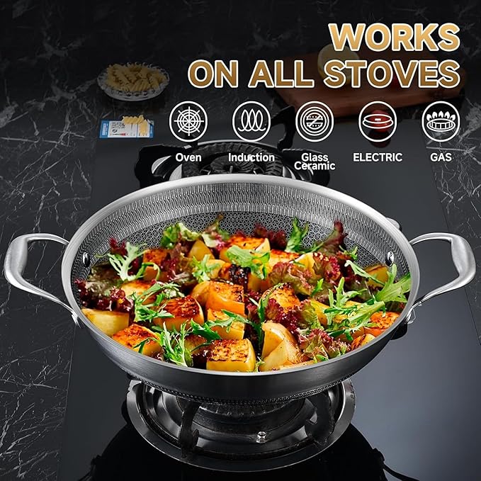 LOLYKITCH 14.5 Inch Hybrid Ceramic Nonstick Stainless Steel Wok Pan with Steel Lid - Large Tri-Ply Flat Bottom Stir Fry Pan for Induction - PFOA Free, Dishwasher & Oven Safe