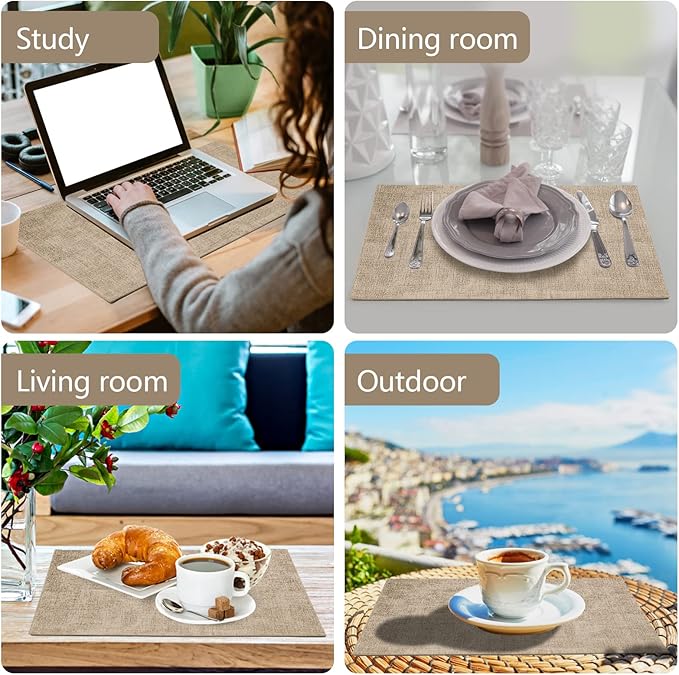 JUCCWARM Faux Leather Placemats Set of 6,Heat Resistant Placemats for Dining Table, Easy Clean Non-Slip Place Mats, Waterproof Stain Resistant Wipeable Washable PU Table Mats, (Light Brown)