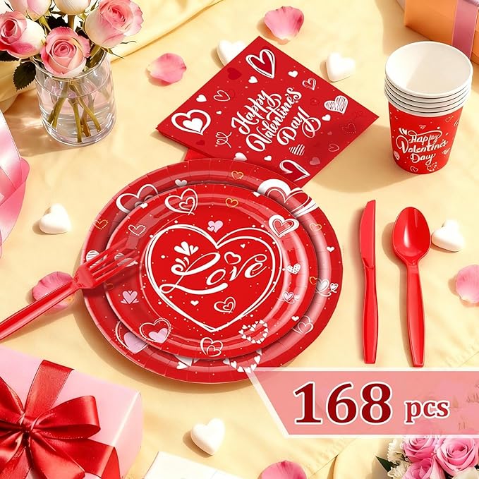 168 Pcs Valentine's Day Tableware Set - Serves 24, Heart & Love-Themed Disposable Paper Plates, Cups, Napkins, Forks, Spoons, Knives for Valentines Day Party, Wedding ,Bridal Shower,Holiday Gatherings