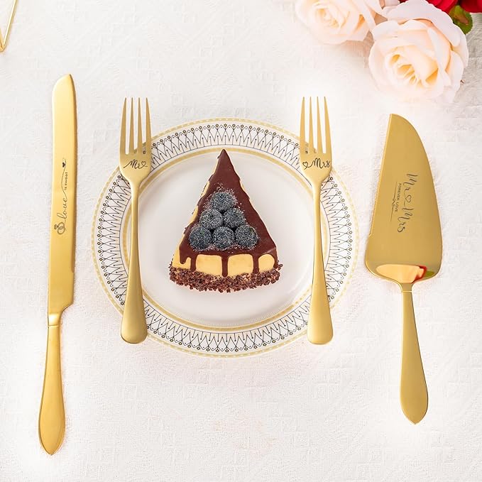 Gold Cake Cutting Set for Wedding, Wedding Cake Knife and Server Set, Cake Cutter and Pie Server Set of 4 for Mr and Mrs Wedding Gifts (Gold)