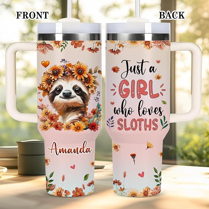 AGGLOMEKC Personalized Cute Sloth Cup - Mother's Day Birthday Gift For Animal Lovers - Just A Girl Who Loves Sloth Tumbler 40oz With Custom Name - Pet Lover Gifts For Women, Her