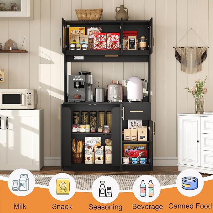 Tall Kitchen Pantry Cabinet with Hutch: Food Pantry Storage Cabinet with Drawers, Black Kitchen Cupboard Cabinets Free Standing, Buffet Hutch Cabinets with Doors and Shelves (Black)