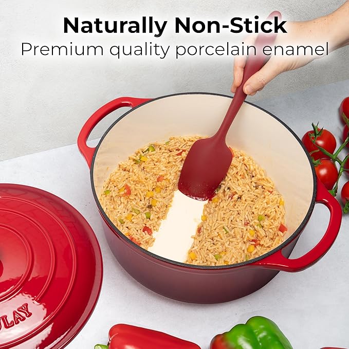 Zulay Kitchen 5 Quart Enameled Cast Iron Dutch Oven Pot with Lid ??Premium Durability & Oven Safe up to 500째F ??Heavy Duty Cookware Perfect for Bread Baking, Stews, Braising & Roasting ??Red