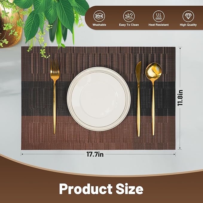flohar Placemats Set of 12竊똍on-Slip PVC Weave Table Mats Easy to Clean竊똇eat Resistant Place Mats for Kitchen Dining Table Decoration Indoor Outdoor竊똁lack Brown