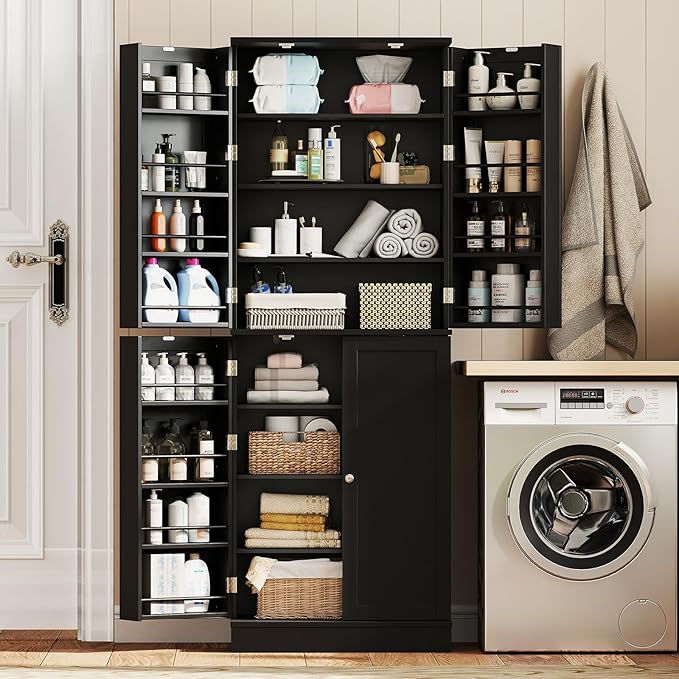 Giantex Kitchen Pantry Cabinet, 65.5" Tall Kitchen Hutch w/8-Tier Storage Cabinet, 16-Tier Door Shelves & Adjustable Shelves, 4-Door Freestanding Buffet Sideboard for Dining Room, Living Room (Black)