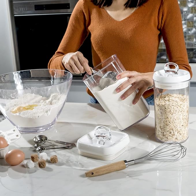Felli Flip Tite Storage Container with Built-In Spoon & Airtight Lid 5??Large-M Ring Flip Top, Stackable Acrylic Canister for Rice Sugar Flour Protein Powder, Kitchen Pantry Organizer (1.8qt)
