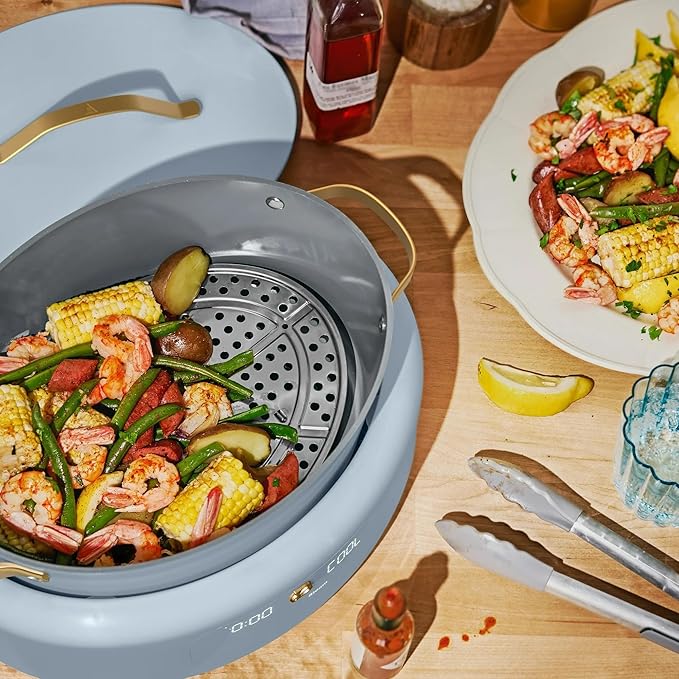 Beautiful 10-in-1 Electric Multi-Cooker by Drew Barrymore, 6-quart, digital display, 10 cooking functions, non-stick pot, easy one-touch control (CornFlower Blue)