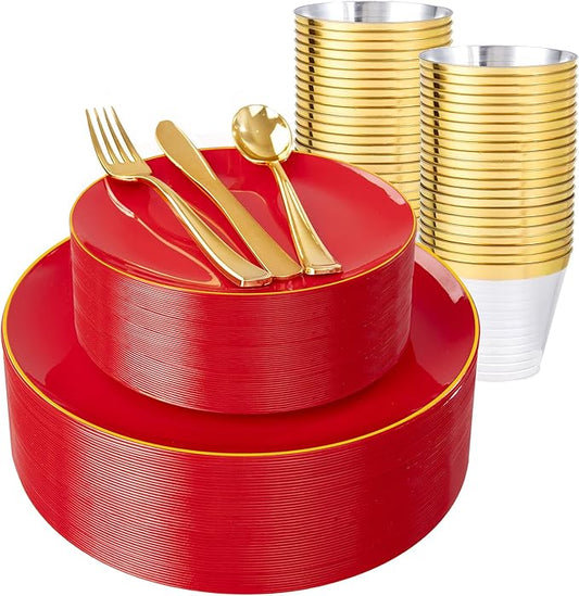 WDF 150Pcs Red Plastic Plates - Red Plates Disposable - 25Guest Christmas Dinnerware Include 25 Dinner Plate, 25 Dessert Plate, 75 Cutlery & 25 9oz Cups for Parties Valentine's Day