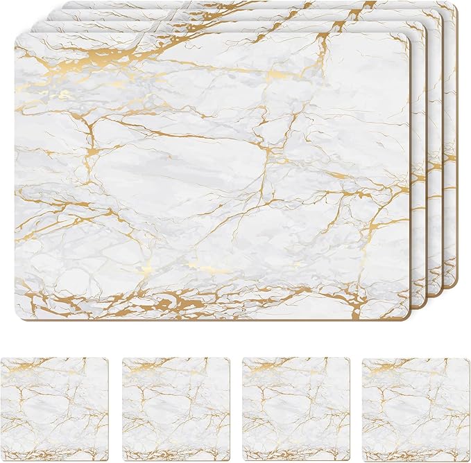 Moderry Set of 4 Heat Resistant Cork Placemats for Dining Table with Free Set of 4 Matching Drink Coasters Marble Design 16 x 12 Inches Cork Backed Hard Placemats (Foiled Gold)