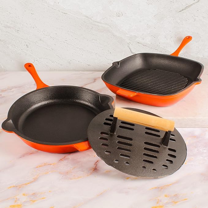 BergHOFF Neo 3Pc Enameled Cast Iron Cookware Set, Fry Pan 10 inches, Grill Pan 11 inches, Slotted Steak Press, Fast, Evenly Heat, Oven safe (Orange)