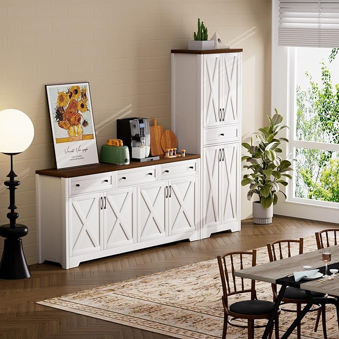 Lyromix 3 Pieces Sideboard and Pantry Set with Storage, Brown Farmhouse Wall Unit Entertainment Center, Large Kitchen Sideboard Buffet Pantry Cabinet with Drawers