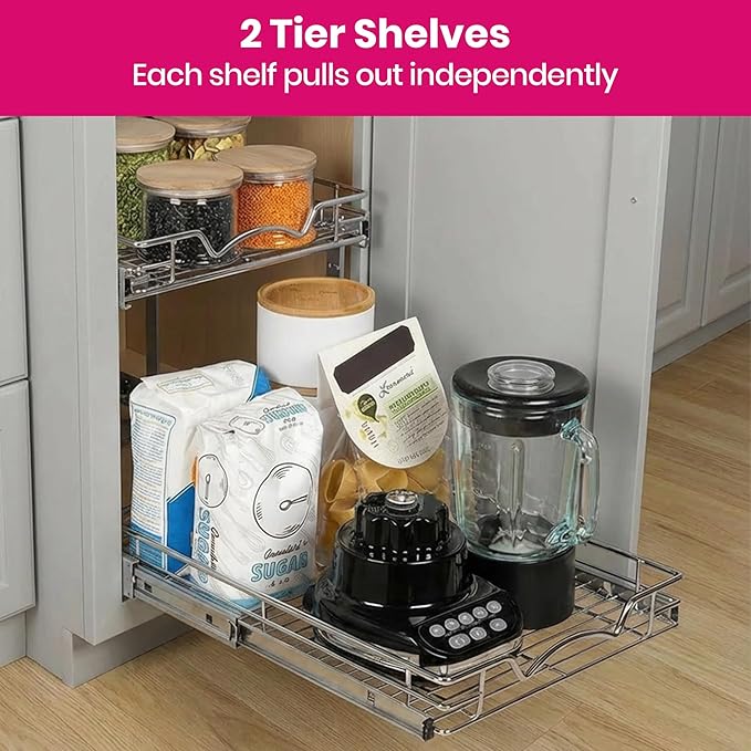 HOLDN??STORAGE Two Tier Pull Out Cabinet Organizer, Individual Sliding Drawers - Heavy Duty Metal with Lifetime Limited Warranty - Anti Rust Chrome Finish - 20" W x 21?쒭 x 16.5" H