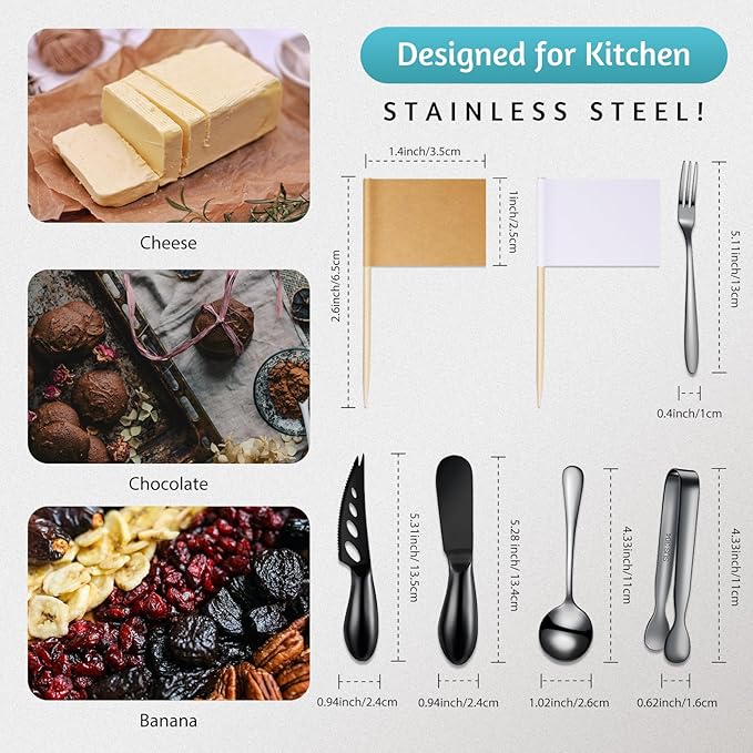Patelai Charcuterie Board Accessories Cheese Spreader Knife Set Charcuterie Utensils Butter Knife Stainless Steel Mini Serving Tongs Spoons Appetizer Forks for Pastry Christmas(Black,18 Pieces)