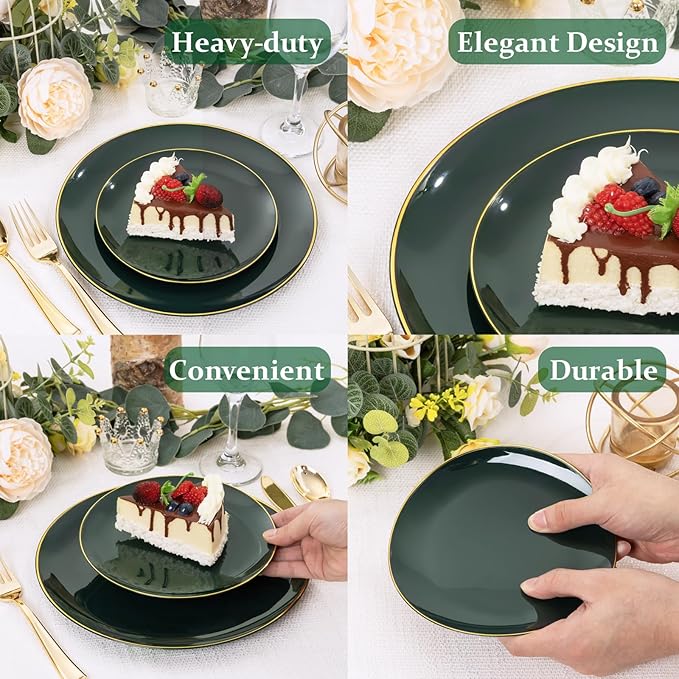WDF 300Pcs Green Plates Disposable - Heavy Duty Green Plates - 50Guest Green Plastic Dinnerware Include 50 Dinner Plate, 50 Dessert Plate, 150 Cutlery & 50 9oz Cups for Parties St. Patrick?셲 Day
