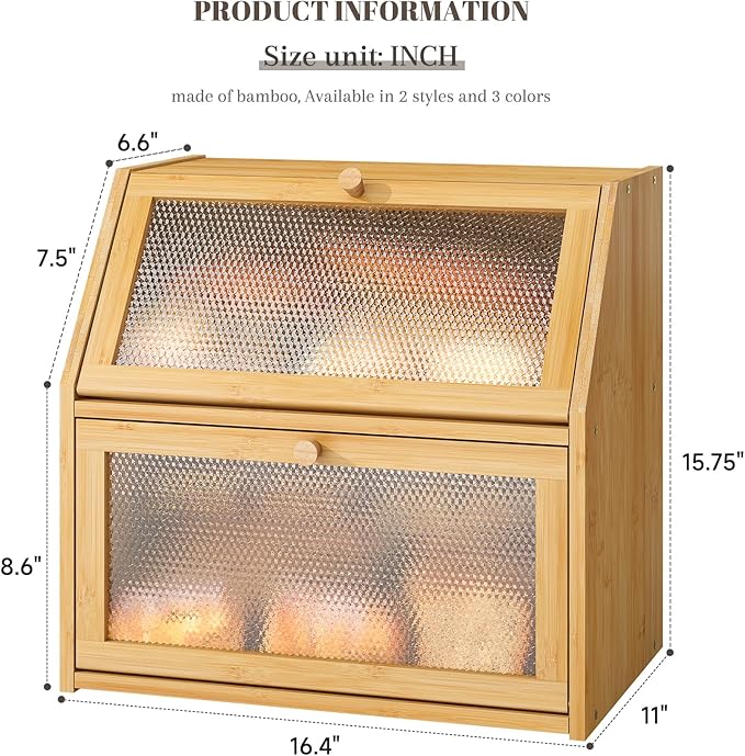 Bread Box for Kitchen Countertop Bin Double Layer Bread Box Storage Container Extra Large Capacity with Diamond Pattern Windows (Natural, Extra Large)