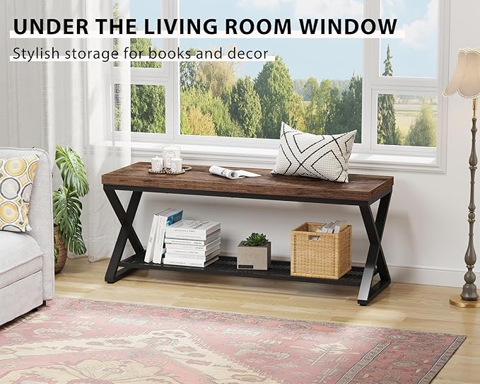 LVB Rustic Entryway Bench, 47??Shoe Bench with Storage for Entry Way, Industrial Shoe Rack Bench with Seating for Foyer Entrance, Farmhouse Wood Bench for Hallway Living Room Bedroom, Rustic Brown