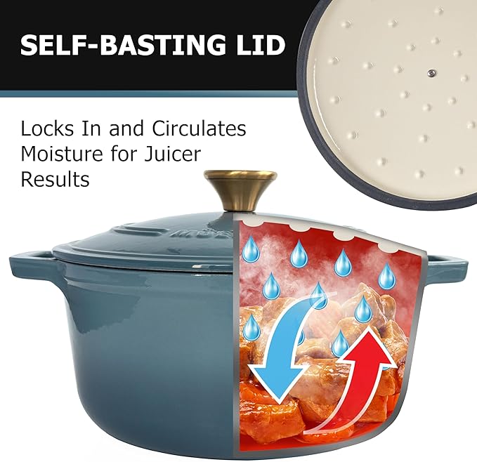MUELLER HOME 6 Quart Enameled Cast Iron Pot Dutch Oven, Heavy-Duty, Oven-Safe up to 500째 F & Across All Cooktops, Bread Pan with Lid & Knob, Cast Iron Cookware, Blue Kitchen Accessories, Mineral Blue