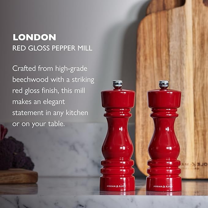 Cole & Mason London Refillable Spice Mill - Kitchen & Home Accessory - Table Black Pepper Grinder - Pepper Mill with Carbon Steel Mechanism - 7", Red Gloss