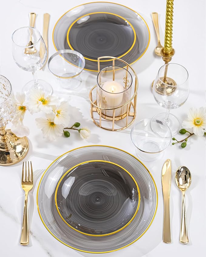 Morejoy 100Pcs Black Plastic Plates,Black Disposable Plates With Gold Rim,Heavy-duty Gold Plate, Modern swirl design Plate Include 50Clear Dessert-plates,50Dinner-plates for Party,New Year