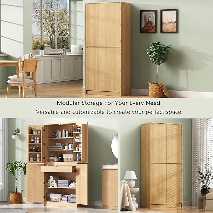 72" Tall Farmhouse Kitchen Pantry Cabinet with 8 Door Shelves, Curved Design Storage Cabinet with 3 Adjustable Shelves, Hidden Drawer, Versatile Cupboard for Kitchen, Dining & Bathroom (Nature)