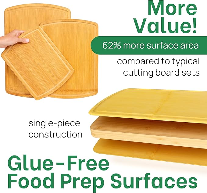 Organic Bamboo Cutting Board Set of 3 with Glue-Free Surface and Lifetime Replacements ??Wooden Chopping Board for Kitchen with Juice Grooves for Carving & Serving, Non Toxic & Durable by Greener Chef