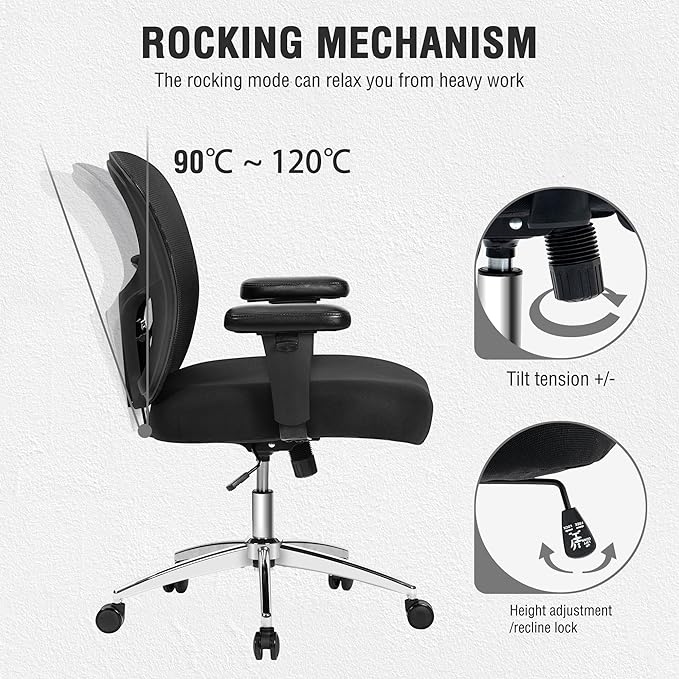 Bigroof Big and Tall Office Chair 500lbs, Heavy Duty Ergonomic Mesh Chair, Computer Executive Desk Chair with Wide Thick Seat, Adjustable Armrests, Lumbar Support