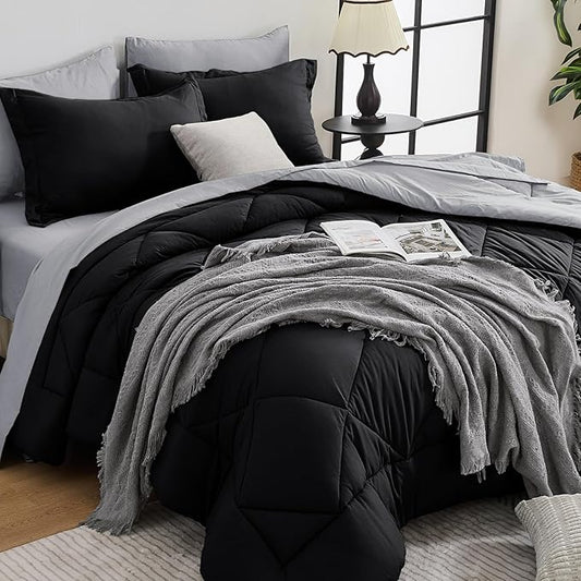 HEVUMYI Twin-XL Comforter Set - 5-Piece All Season Bed in a Bag Twin-XL, Ultra Soft Bedding Set with Comforter, Flat Sheet, Fitted Sheet, Pillowcases, Pillow Shams, Black & Light Grey