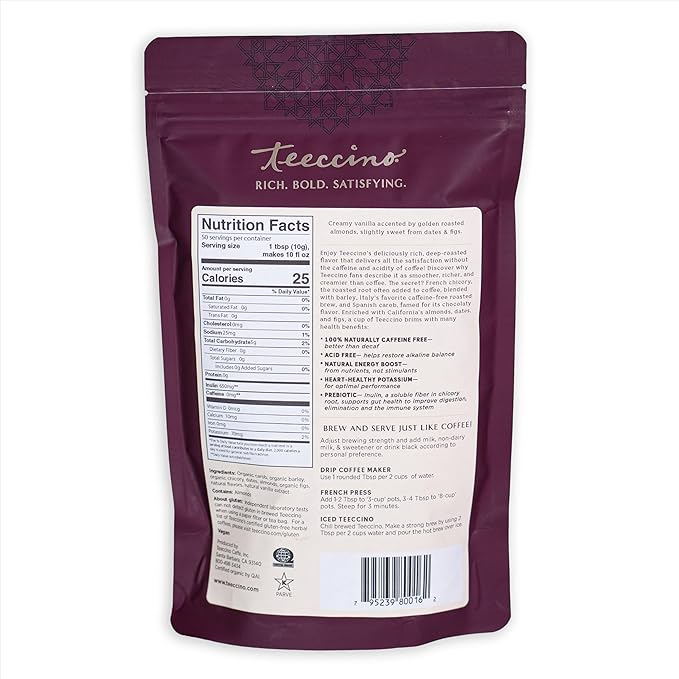 Teeccino Vanilla Nut Chicory Coffee Alternative, 1.1 Pound - Ground Herbal Coffee That?™s Prebiotic, Caffeine Free & Acid Free, Medium Roast