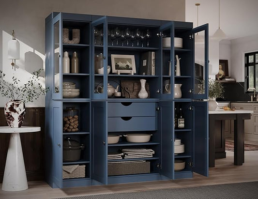 Palace Imports 100% Solid Wood Kitchen China Pantry Cabinet, 65" W - 4 Clear Glass & 4 Shaker Doors, Renewable Eco-Friendly Wood, Made in Brazil (Navy Blue, 8 China/Shaker Doors | 2 Drawers)