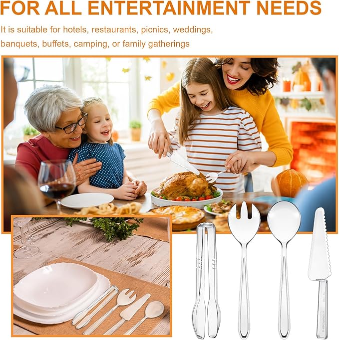 24 Pcs Disposable Plastic Serving Utensils Set 6 Each 9.7" Serving Spoons Forks 9.5" Knife and 6.3" Tongs for Christmas Family Gatherings Food Cake Birthday Party Buffet Cutlery(Clear)