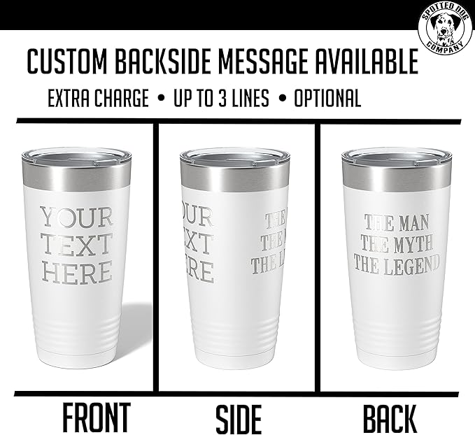 Personalized 20oz (17 Colors) Powder Coated Insulated Stainless Steel Tumbler with Lid, Custom Etched, Customized Text Message Name, Engraved Gift Idea Women Men Him Her, Your Text Here (White)
