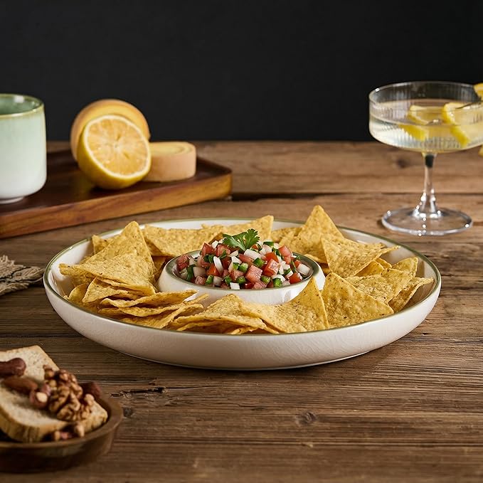Ceramic Chip & Dip Tray Set: Large 11.5" Serving Platter for Chips & Salsa, Veggies & Dip, Fruits, Snacks, Appetizers Bowl, Entertaining, and Parties