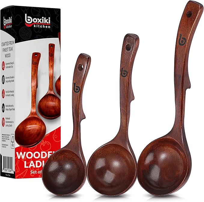 Soup Spoons - Luxury Teak Wood Ladle Set of 3 ??Chef-Grade, Eco-Friendly Wooden Cooking Utensils with Reinforced Neck Joint & Anti-Slip Notch Handle ??Multi-Size, Gift-Ready Ladle Spoons Set
