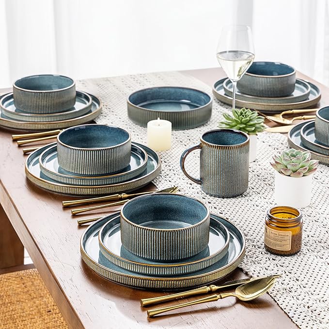 GBHOME Stoneware Dinnerware Sets for 6,Round Reactive Glaze Ceramic Plates and Bowls Set,Highly Scratch Resistant| Dishwasher & Microwave Safe Dishes Set,Service for 6(18pcs)