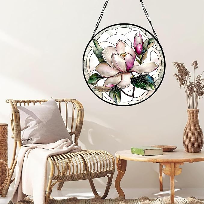 Stained Glass Window Hanging - Pink Magnolia Flower Petal Suncatcher for Doors Window Home Sun Catchers Decor Christmas Mother's Day Birthday Gifts for Teacher Women Men Mom Nana 7.8 in