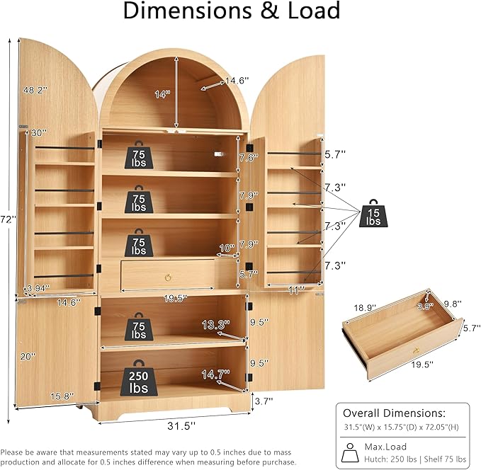Ball & Cast 72?쿟all Arched Kitchen Pantry Cabinet with 8 Door Shelves & Drawers,Versatile Farmhouse Fluted Pantry Storage Cabinet w/ 3 Adjustable Shelves for Kitchen,Dining Room,Natural