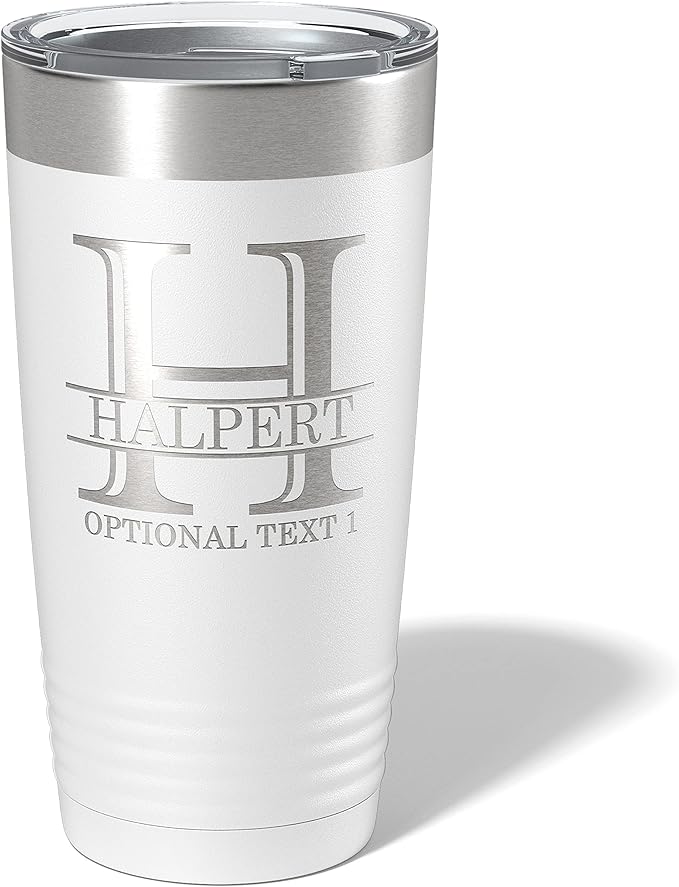 Personalized 20oz (17 Colors) Powder Coated Insulated Stainless Steel Tumbler with Lid, Custom Etched, Customized Engraved Gift Idea for Women Men Her Him, Halpert Monogram Initial Name (White)