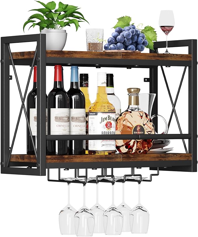 Homeiju Wall Mounted Wine Rack, Bottle & Glass Holder Wood-Metal Retro Wine Rack, Wine Bottles Display Wall Storage for Kitchen Dining Room Home Bar