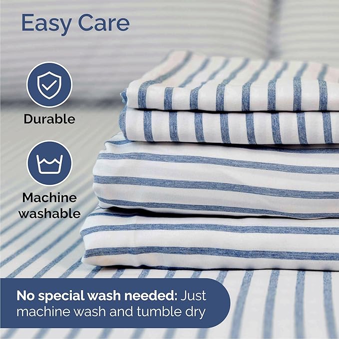 Queen 6 Piece Sheet Set - Cooling & Breathable Bed Sheets - Hotel Luxury Bed Sheets for Women, Men, Kids & Teens - Bedding w/Deep Pockets & Easy Fit - Soft & Wrinkle Free - Queen Blue Stripes Sheets