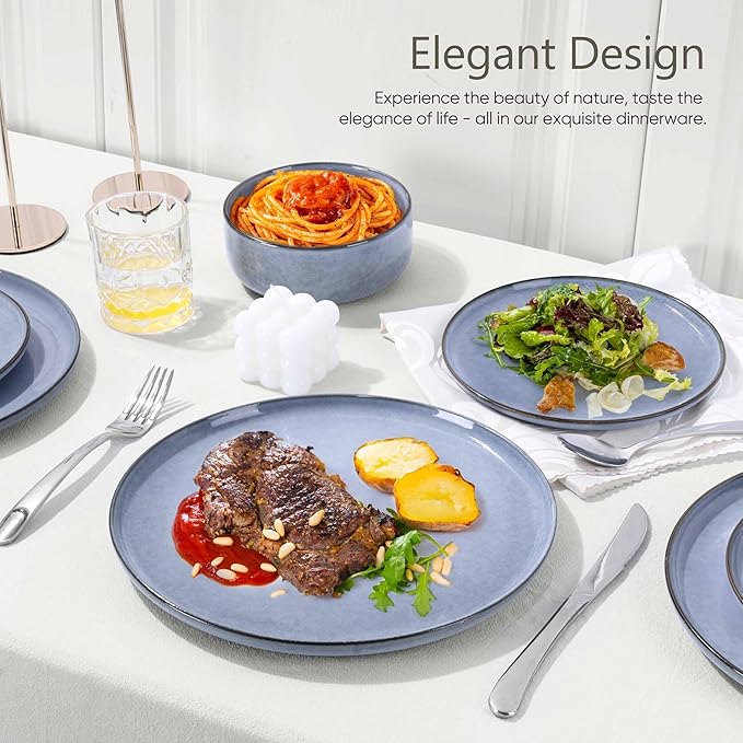 Herogo 24-Piece Stoneware Dinnerware Sets for 8, Stackable Dinner Plates and Bowls Sets, Double Reactive Glaze Dishware Place Setting for Kitchen, Scratch Resistant, Microwave Safe, Haze Blue
