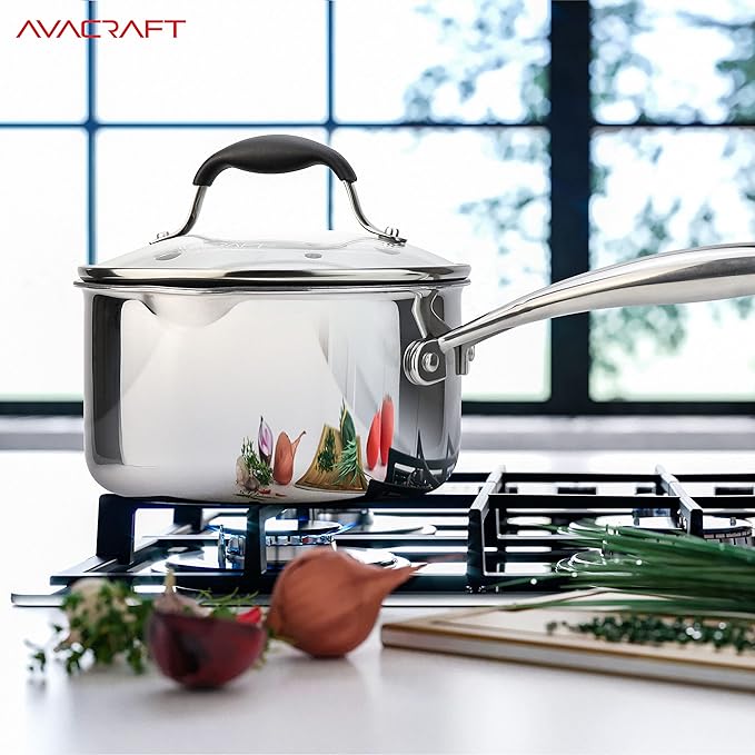 AVACRAFT Nonstick Saucepan with Glass Lid, Strainer Lid, 100% PTFE, PFOA Toxins Free, Two Side Spouts for Easy Pour, Multipurpose Ceramic Sauce Pot (2.5 QT Non-Stick Saucepan)