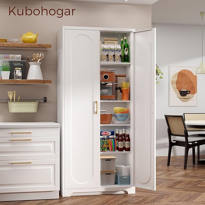 71" White Pantry Cabinet with Doors, Tall Metal Kitchen Pantry Storage Cabinet with 4 Adjustable Shelves and Gold Handles, Cupboard for Laundry, Dining Room, Living Room, Bathroom