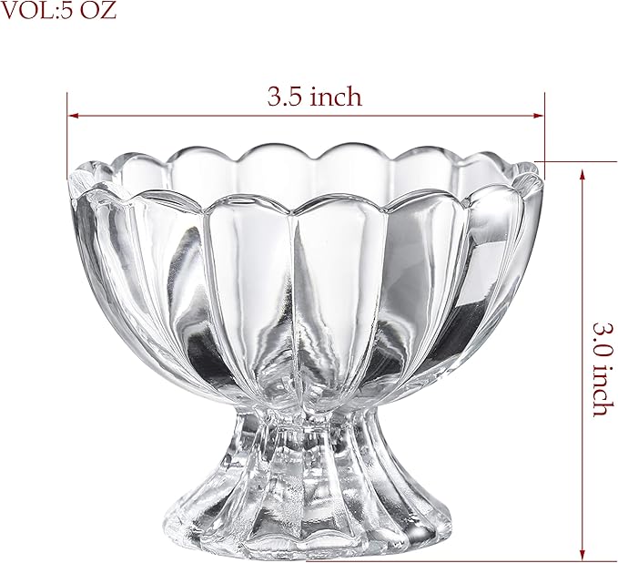 KMwares 6PCs Set 5oz Small Cute Footed Tulip Glass Dessert Bowls/Cups - Perfect for Dessert, Sundae, Ice Cream, Fruit, Salad, Snack, Cocktail, Condiment, Trifle and Christmas Holiday Party (Clear)