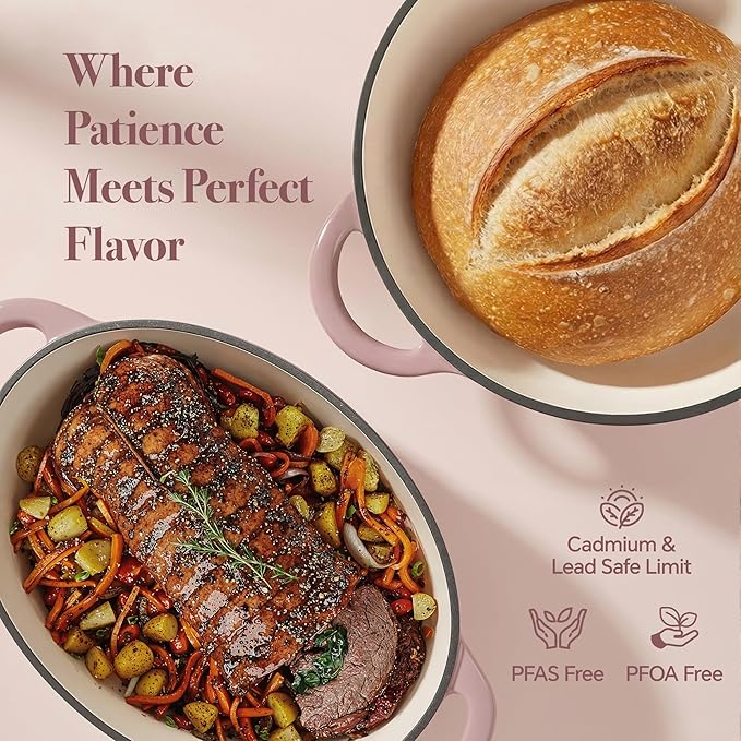 Vintage Style Oval Dutch Oven for Bread Baking, 4.5 Quart Non Stick Enameled Cast Iron Dutch Oven Pot with Lid, Oven Safe Oval Casserole with Lid up to 500째F for Baking, Braising, Stews, Roasting, Pink