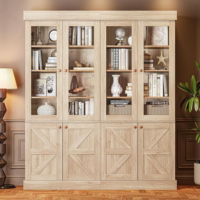 71" Tall Farmhouse Bookshelves with Glass Doors, Rustic Large Bookcase with Adjustable Shelves, Wooden Storage Cabinet for Living Room, Kitchen, Home Office, Dining Room, Brown Glass Door(4 Pcs)