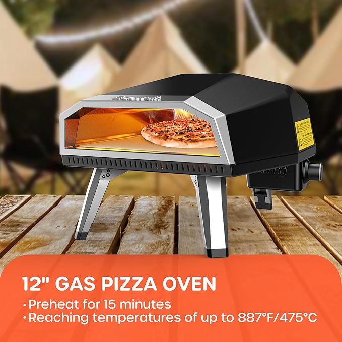 Outdoor Propane Gas Pizza Oven ??12" Camping Pizza Oven with Gas Regulator Cooks Pizza In 80-second, Propane Grill Reaches 930째F, with Pizza Stone/Peel/Cutter/Infrared Thermometer (12 Inches)