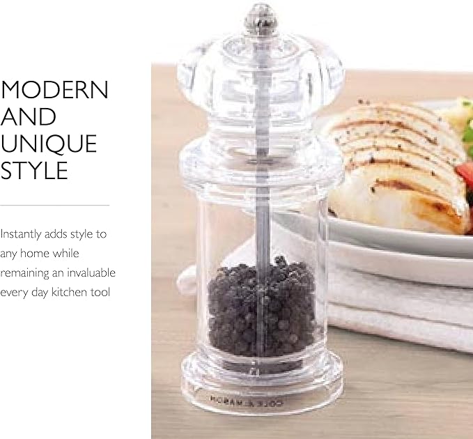 Cole & Mason 505 Refillable Spice Mill - Kitchen & Home Accessory - Table Pepper Grinder - Peppercorn Included - Acrylic - Pepper Mill 5.5"