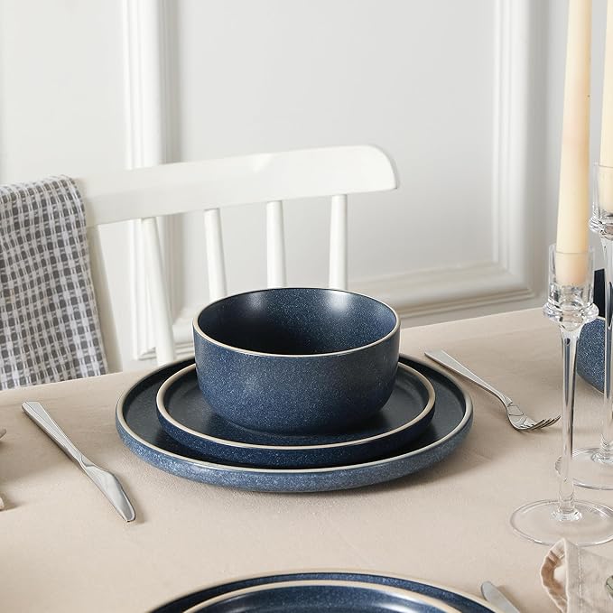 Earth & Clay Amber 12-Piece Dinnerware Set Stoneware, Dishwasher and Microwave Safe Plates and Bowls Set, Dish Set for 4, Blue