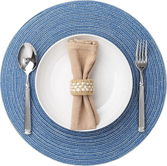 Round Placemats Set of 4 Woven Placemats Washable Braided Table Mats for Dining Table Heat Resistant Non-Slip Circle Place Mats(Mid Blue)